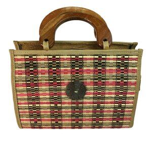 Mid Century Modern Handmade Purse Woven Straw Wood u Lined Wood Handle MCM u
